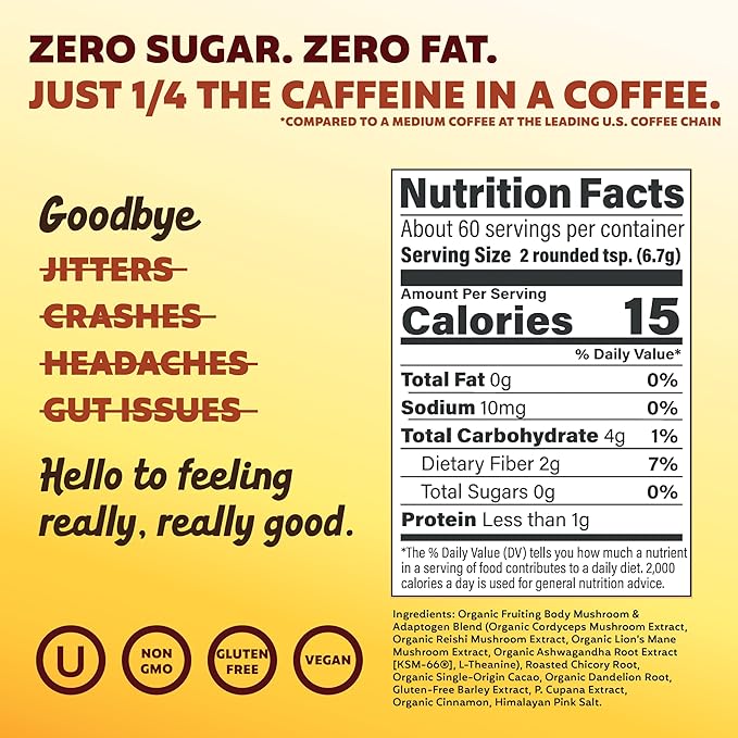 Joey Mushroom Coffee Alternative with Cacao Dandelion Root, and Chicory, Instant Mushroom Coffee Substitute with Superfoods, Vegan Gluten-Free Energy Drink for Focus and Calm, 60 Servings