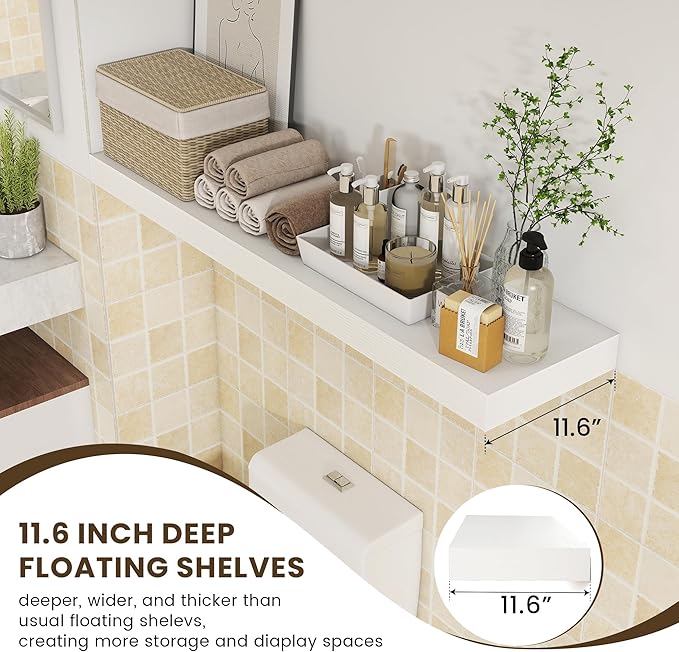 48 Inch White Floating Shelf | 12 Inch Deep Floating Shelves Set of 1 | 48" D x 12" D Rustic Wood Shelves for Wall | Deep White Shelves for Living Room Bathroom Laundry Room Kitchen