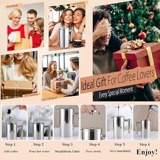 French Press Coffee Maker, 12 Oz Stainless Steel, Triple Mesh Filter, Double Wall Insulated, for Coffee & Tea, Portable for Home, Office, Camping & Travel