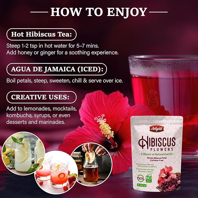 Arigold Pure Whole Petals Hibiscus Tea 1lb – Dried Hibiscus Flowers, Flor de Jamaica, Hibiscus Sabdariffa, Bissap, Sorrel, hibiscus tea loose leaf Herbal Tea for Agua Fresca, Cocktails, Iced Tea & Hot Tea | Caffeine-Free & Rich in Antioxidants.