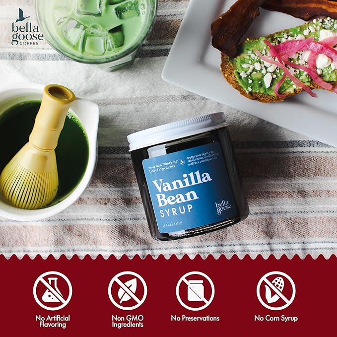 Bella Goose Vanilla Bean Coffee Syrup Jar (16oz) - Homemade Pure Cane Sugar Syrup for Lattes, Mocha, Desserts, & Ice Cream - Clean Ingredient - No Artificial Flavors, Oils, Dyes, or Preservatives Syrups for Coffee Drinks
