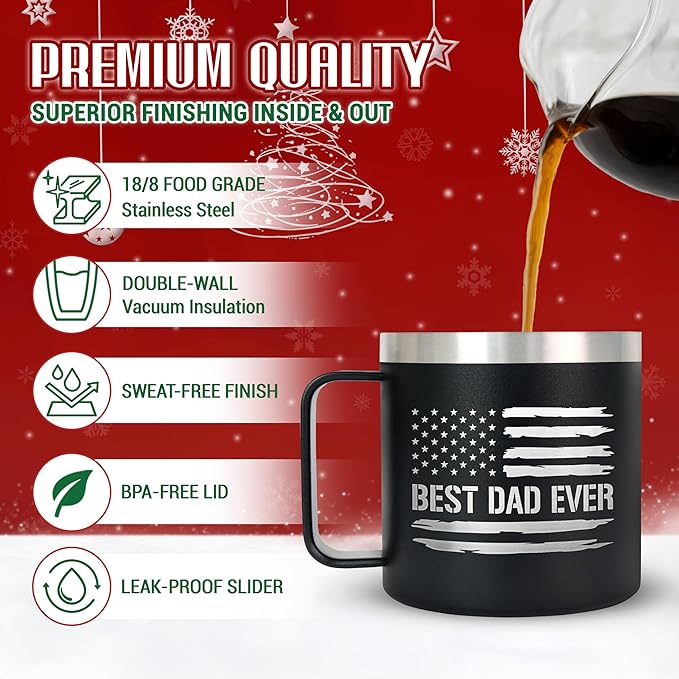 Christmas Birthday Gifts for Dad from Daughter Son Kids Wife - 14 oz Stainless Steel Insulated Coffee Mug with Lid - Best Dad Ever Birthday Gifts for Men Grandpa, Mens Gift Ideas for Christmas