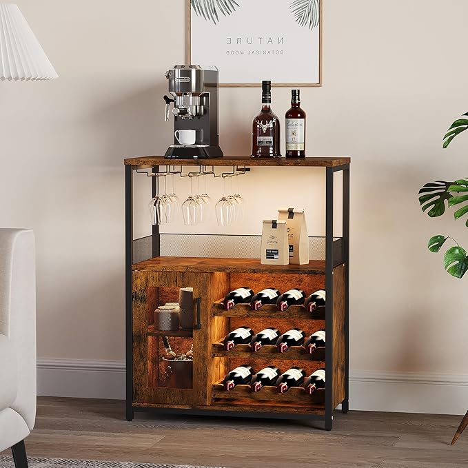 Vintage 3-Tier Wine Bar Cabinet with Adjustable Shelves, Glass Holders, Mesh Door, Small Buffet Sideboard Liquor & Coffee Bar Cabinet for Kitchen, Dining Room, Living Room