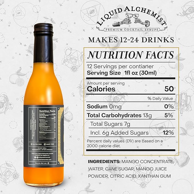 Liquid Alchemist Mango Syrup for Drinks - Real Ingredients Make our Mango Puree for Cocktails the Perfect Margarita Mix - Our Tropical Flavoring Syrup is Non-GMO & Vegan (12.7 oz)