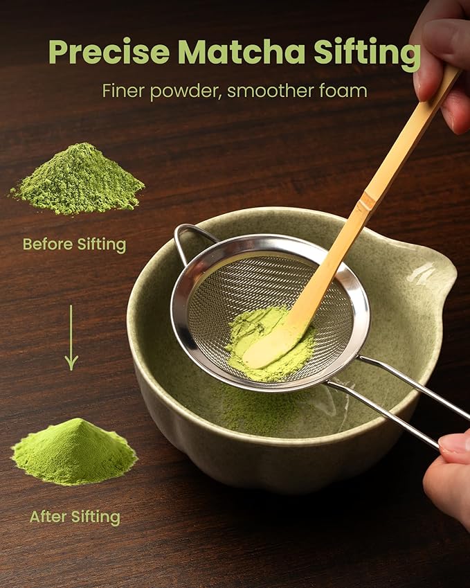 Handcrafted Matcha Kit, 7-Piece Green Tea Set, Includes Ceramic Bowl, Bamboo Whisk, Stainless Steel Sifter, Bamboo Scoop, Whisk Holder & Cotton Towel, Perfect for Tea Ceremony, Green Small Flower