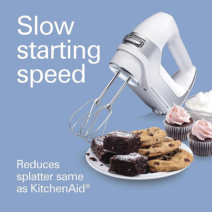 Hamilton Beach Professional 5-Speed Electric Hand Mixer with High-Performance DC Motor, Slow Start, Snap-On Storage Case, Stainless Steel Beaters & Whisk, White (62652)
