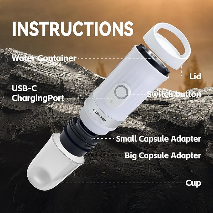 Portable Electric Espresso Machine, Travel Coffee Maker for Camping, Car Coffee Maker Self-Heating with USB-C, With Ground Coffee & NS Capsule for RV, Hiking, Office (White)
