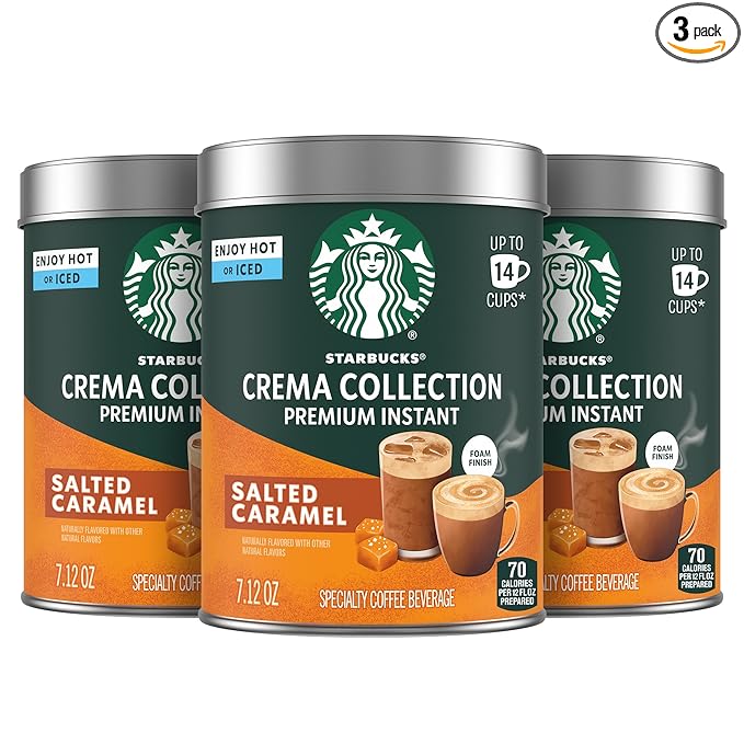Starbucks Crema Collection Premium Instant Salted Caramel Flavored Instant Coffee, 100% Arabica Beans, 3 Tins (7.12 Oz Each)