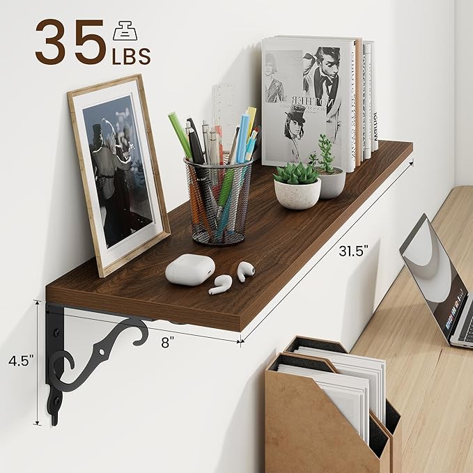 RICHFOCUS Floating Shelves for Wall Decor, 31.5W x 8D Shelves Set of 2, 8" Deep Rustic Wood Floating Shelves Wall Mounted with Metal Brackets, Shelves for Living Room Bedroom Kitchen, Walnut