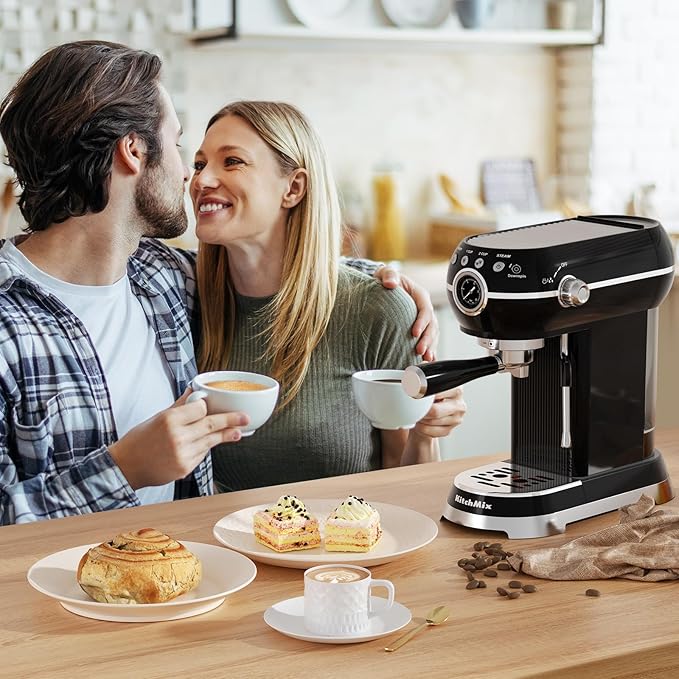 Espresso Machine with Milk Frother, 20 Bar Espresso Maker for Latte and Cappuccino, Expressions Coffee Machine with Removable Water Tank (Black)