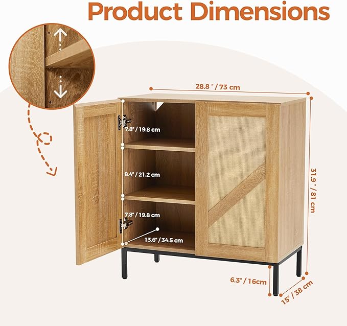 Mericonia Buffet Cabinet with Storage, Sideboards 2 Doors with Metal Base and Adjustable Shelf for Kitchen, Coffee Bar, Entryway, Hallway,Living Room (Rattan Buffet Cabinet, Natural)
