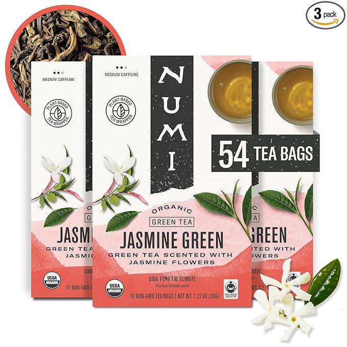 Numi Organic Green Tea with Jasmine, 54 Green Tea Bags Scented with Real Jasmine Flowers, Micro-Plastic Free Compostable Bags
