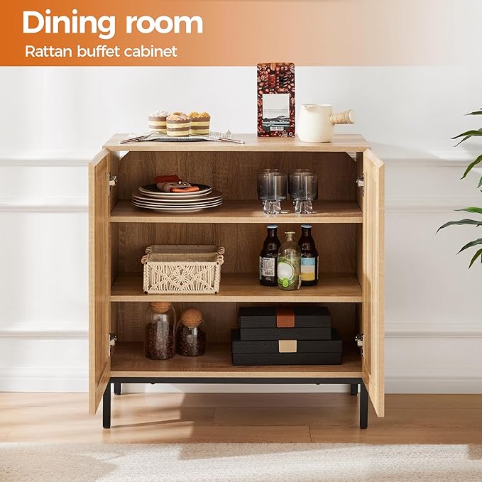 Mericonia Buffet Cabinet with Storage, Sideboards 2 Doors with Metal Base and Adjustable Shelf for Kitchen, Coffee Bar, Entryway, Hallway,Living Room (Rattan Buffet Cabinet, Natural)