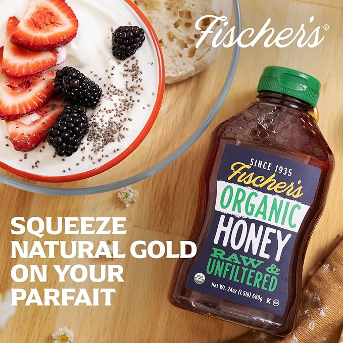 Fischer's 100% Organic Honey, USDA Certified, 24 Oz – Pure, Raw & Unfiltered Honey – All-Natural Sweetener – Rich Flavor Profile, Packed with Nutrients