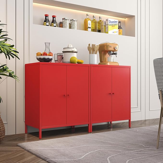 Small 2 Metal Storage Side Buffet Cabinet for Bed Room,Living Room,Entryway,Hallway,Home,Hotel,Office,Garage,Kitchen,1 Removable Shelf. (Metal Door, Red)