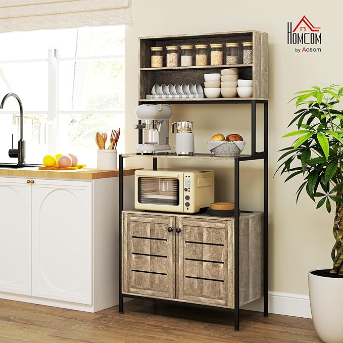 HOMCOM Kitchen Bakers Rack with Power Outlet, Coffee Bar Cabinet with Storage Shelves, Microwave Stand with Louvred Door Cabinets, Gray Wood Grain