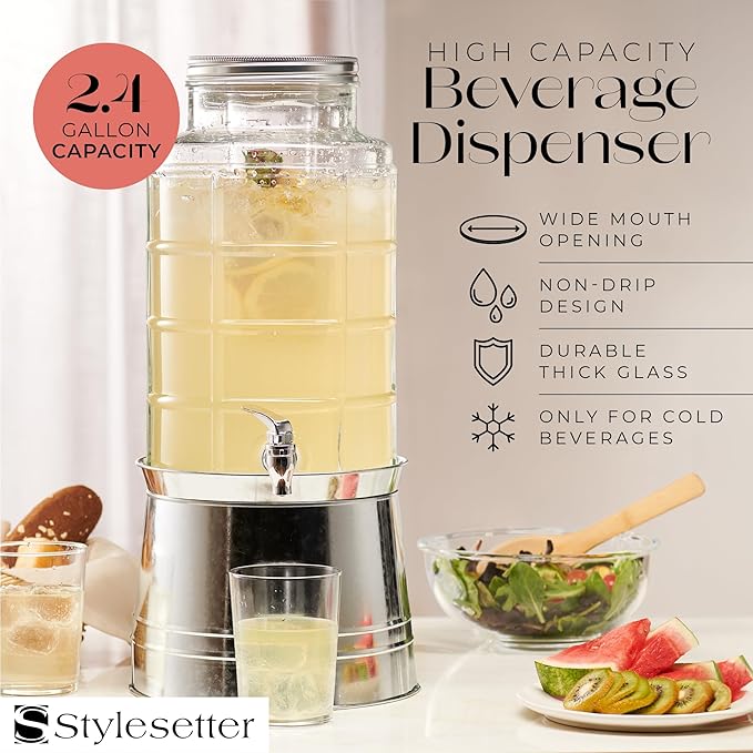 Style Setter Patchwork Beverage Dispenser Cold Drink Dispenser w/ 2.4-Gallon Capacity Glass Jug, Ice Insert, Fruit Infuser, Galvanized Base, Leak Proof Spigot Great for Parties Weddings