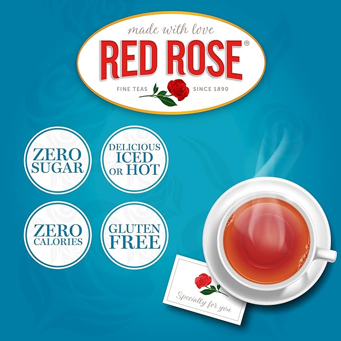 Red Rose Naturally Decaffeinated Black Tea, Smooth & Flavorful Decaf for Iced or Hot Tea in Bulk, Gluten-Free, 6 Pack of 48 Individually Wrapped Teabags