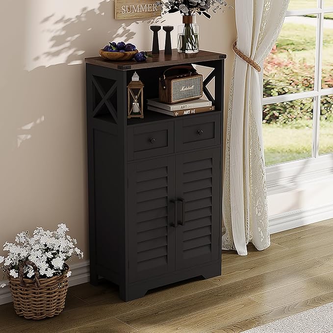 ChooChoo Farmhouse Storage Cabinet, Bathroom Floor Cabinet with Doors and Drawers, Kitchen Pantry Cabinet for Living Room, Laundry, Black