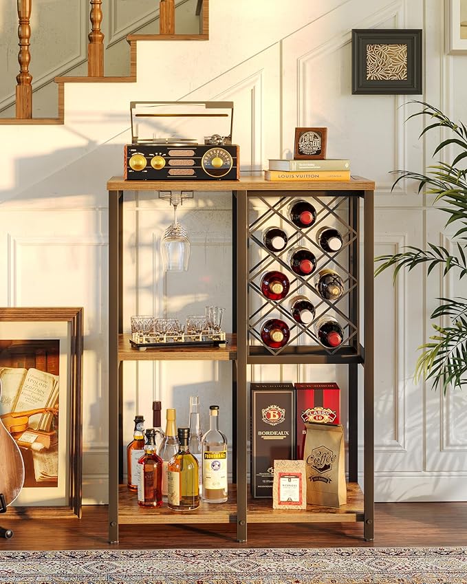 TIQLAB 3-Tier Wine Rack Cabinet, Modern Liquor & Coffee Bar Cart with Shelves, Glass Holder and Power Socket, Bar Table for Kitchen, Dining Room