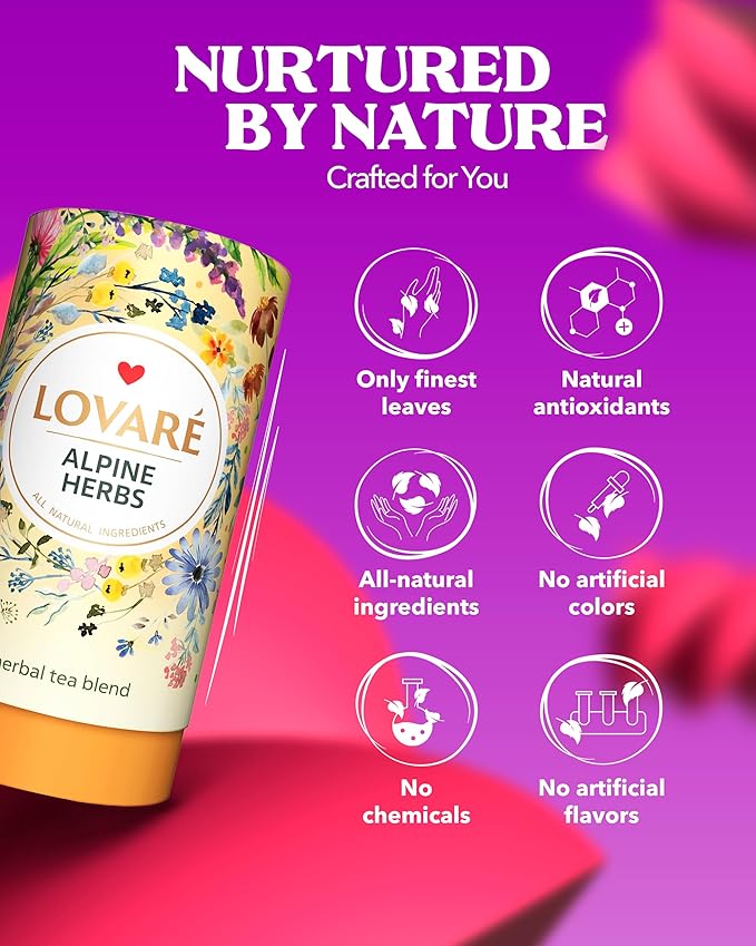 LOVARE Alpine Herbs Loose Leaf Tea 80 g - Made in Ukraine – Herbal tea blend, Lemongrass, Chamomile Flowers, Rose Hips, Orange Peel and Blossom, Blackberry Leaves, and More with 15 Paper Filters