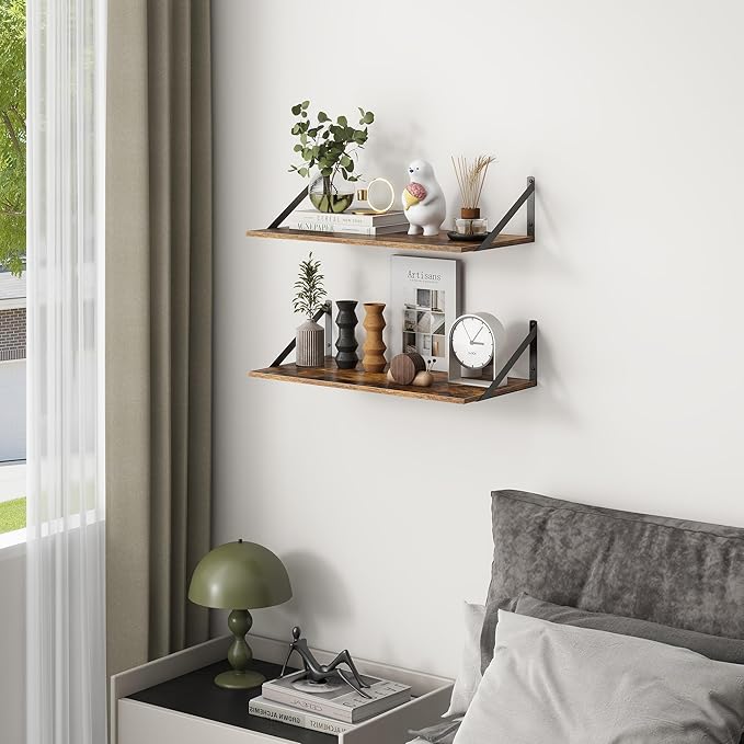 Deep Floating Shelves, 12 Inch Deep Floating Shelves for Wall, 24"W x 12"D Wall Shelves for Books, Large Rustic Wooden Shelf, Wide Display Shelf for Bathroom, Living Room, Rustic Brown, Set of 2