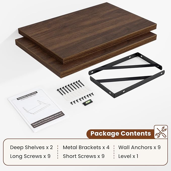 Deep Wall Shelves 16"W x 12"D Engineered Wood Floating Shelves for Wall, Sturdy Metal Bracket Bookshelves Home Decor Storage for Living Room Bedroom Bathroom Kitchen, Set of 2, Walnut Finish