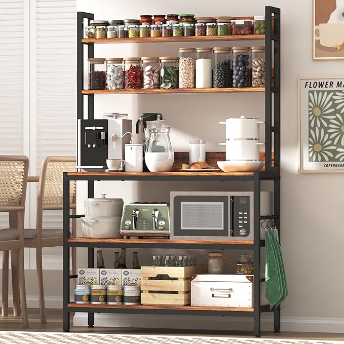 Kitchen Bakers Rack with Storage Shelves,5-Tier Free Standing Storage Shelf Rack with Hooks,Industrial Microwave Stand Shelf for Dining Room