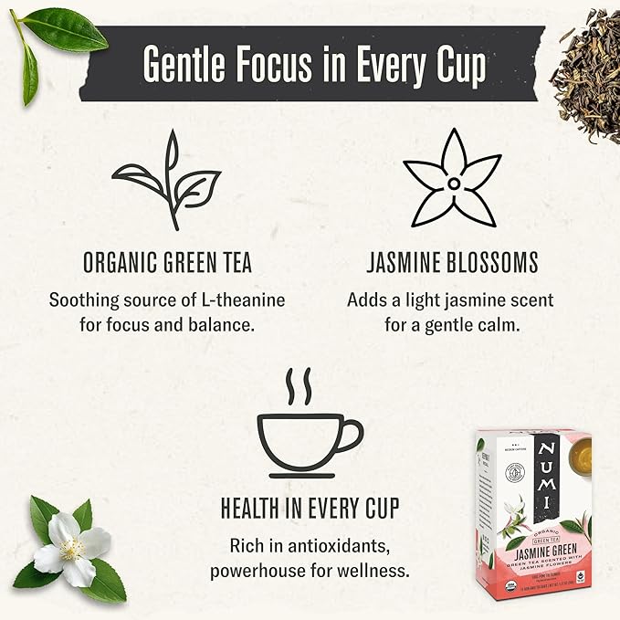 Numi Organic Green Tea with Jasmine, 18 Microplastic-Free Tea Bags