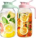 64oz Airtight Glass Pitcher with Lid, 2 Quart Wide Mouth Mason Jar Pitchers for Fridge, Leak-Proof Iced Tea Container,Large Dispenser for Juice,Cold Brew Coffee, Storage and Drinks-2PACK(Green+Pink)