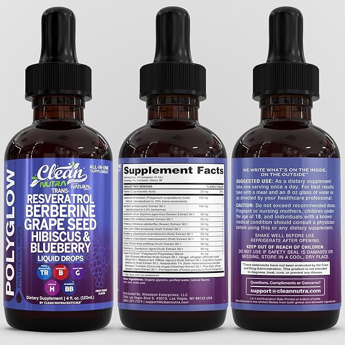 Clean Nutra Resveratrol Liquid Drops with Berberine, Grape Seed Extract, Hibiscus, and Blueberry – 120ml All-in-One Polyphenol Supplement – Natural Fruit Punch Flavor, Vegan Friendly