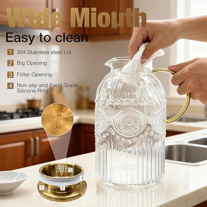 Amzcku Glass Pitcher with Lid, 1 Gallon/128 oz Vintage Water Pitcher,Water Carafe for Cold Brew, Coffee, Lemonade, Iced Tea,Beverage, Heat Resistant Water Glass Jug 1Pack