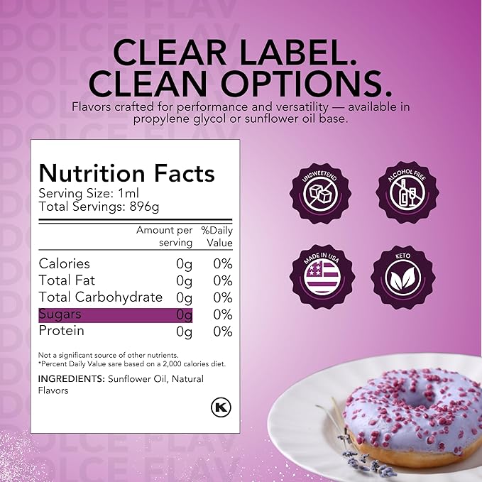 Dolce Flav Lavender Flavoring – 32 Ounce Oil-Soluble Kosher, Sugar-Free, Concentrated Floral Lavender Flavoring for Baking, Chocolates & Desserts