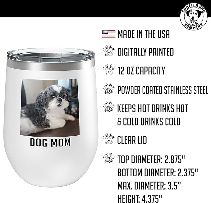 Personalized Mothers Day 12oz Photo Picture Printed Insulated Stainless Steel Powder Coated Stemless Wine Tumbler with Lid, Customized Mum Gift Idea for Her, Custom Mom Coach Gifts Team (White)