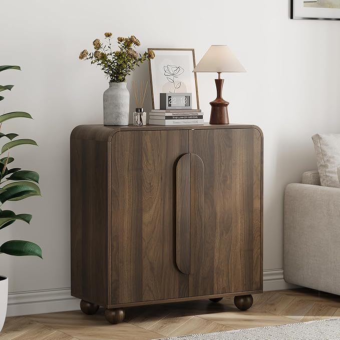 31.5'' Curved Sideboard Buffet Cabinet, Storage Cabinet with Ball Feets, Accent Console Table, Coffee Bar for Kitchen, Living Room, Entryway, Walnut