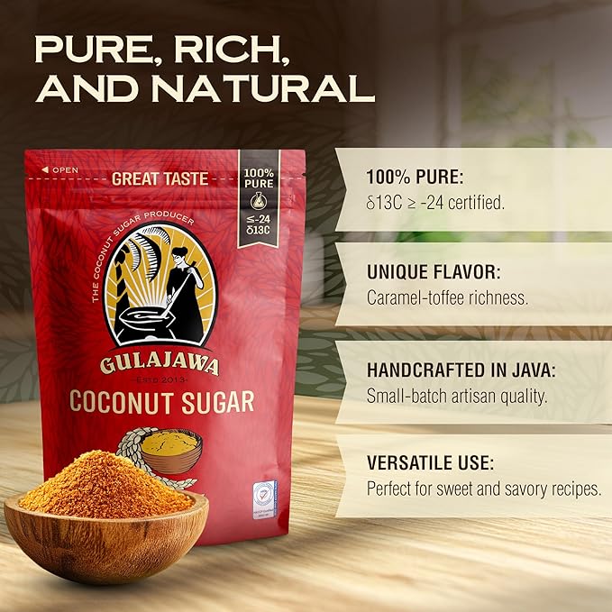 GULAJAWA Javanese Coconut Sugar 100% Pure Palm Sugar Caramel-Toffee Flavor for Coffee Lovers, Home Cooks, Chefs & Baking Enthusiasts. Use in Beverages, Desserts, Sauces & Seasoning Blends - 1lb.