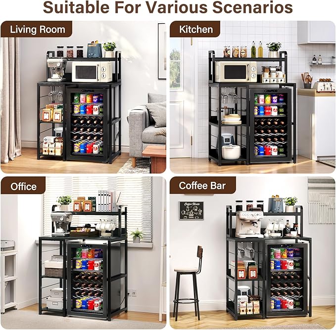 TC-HOMENY Mini Fridge Stand with Storage, 4-Tier Coffee Bar with Mini Fridge Space, Bakers Rack with Outlet, Mini Fridge and Microwave Stand, Mini fridge shelf for Kitchen, Dorm, Office, Black