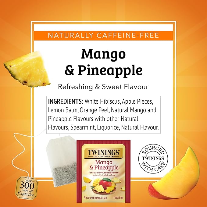 Twinings Mango & Pineapple Herbal Tea Individually Wrapped Bags, 20 Count (Pack of 2), Naturally Caffeine-Free, Enjoy Hot or Iced, 20 Teabags