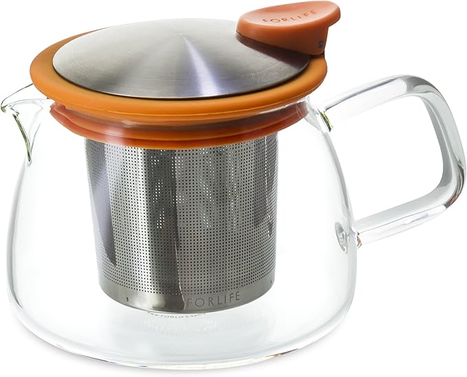 FORLIFE Bell Glass Teapot with Basket Infuser, 14 oz./430 mL, Orange