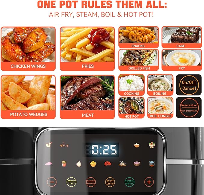 6QT Air Fryer & Multi-Cooker Combo - 12-in-1 Electric Hot Pot, Rice Cooker, Steamer with Removable Air Fry Basket & Soup Pot, 1800W, Dishwasher Safe