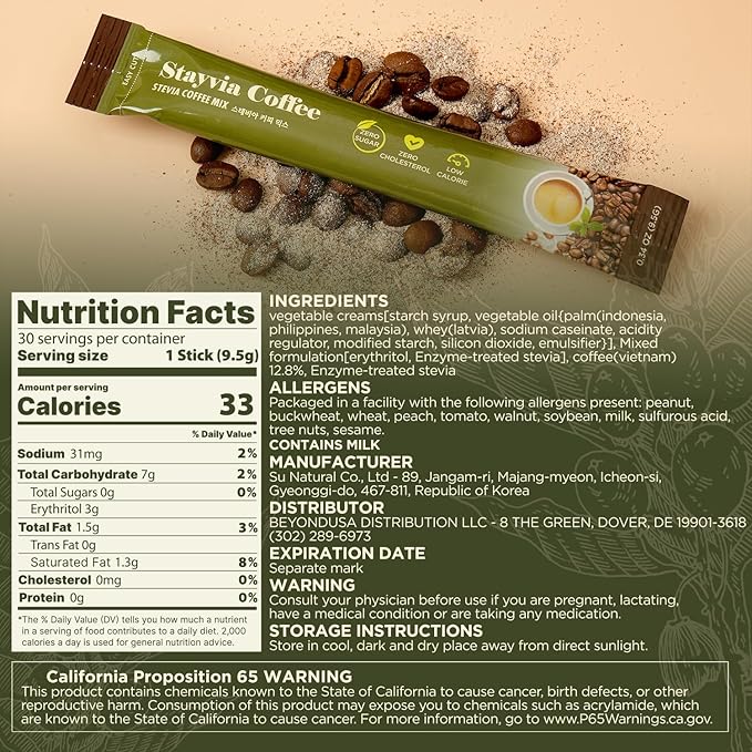 STAYVIA COFFEE Stevia Instant Coffee Packets - Korean Instant Latte with Sugar-Free & Low Calories - 60 Sticks (0.33oz) - Plant-Based Sweetener - Enjoy Caffeine Hot & Cold at Office, Home & Travel