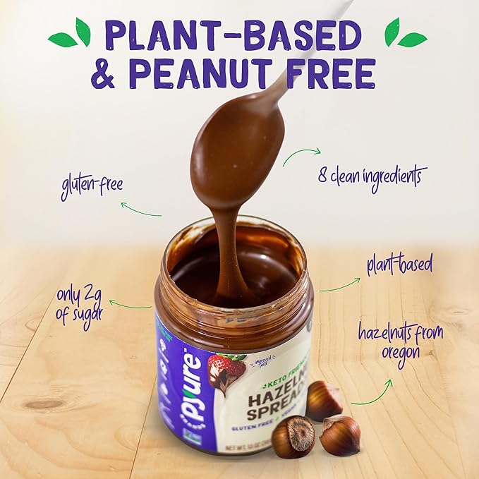 Pyure Keto Hazelnut Chocolate Spread | Sugar-Free, Low Carb, Vegan Nutella Alternative | 2g Net Carbs, Gluten-Free, Peanut-Free, Plant-Based, Non-GMO, Keto Snack, Vegan Sweets | 13 oz Jar