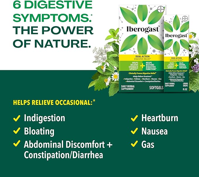 Iberogast Softgels, Herbal Relief of Stomach Upsets: Occasional Indigestion, Bloating, Gas, Nausea, Upset Stomach; 6-Herb Blend with Iberis Amara, Peppermint, Licorice, Lemon Balm; 30ct