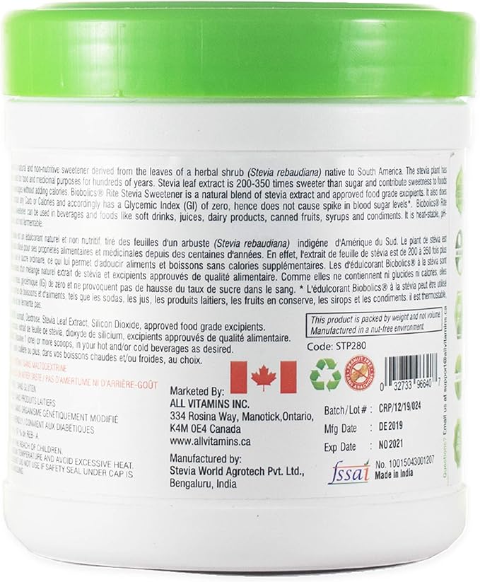 Rite Stevia Powder Concentrate, 9.8 oz – Raw Green Leaf Naturally Sweet Pure White 0 Carb Zero Calorie Sweetener Powdered Sugar Substitute for Diabetics, Keto Baking, Mixing Drinks & Smoothies