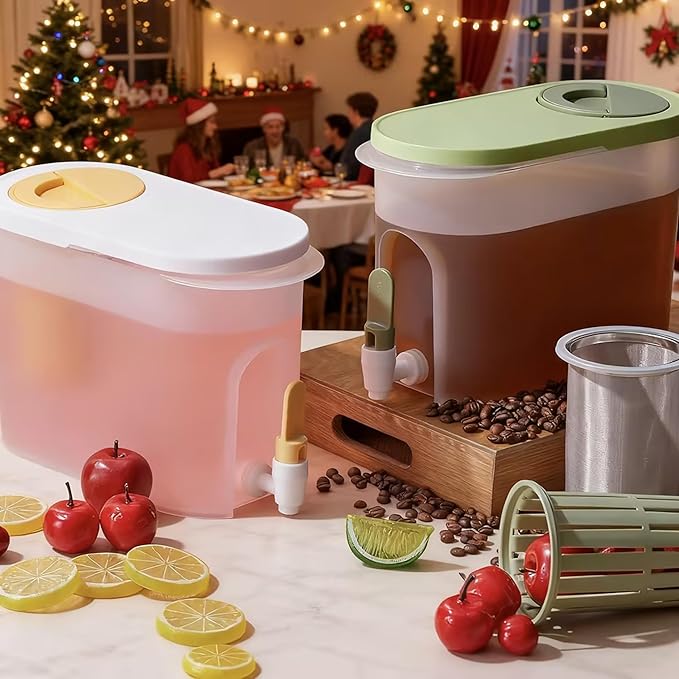 2 Pcs Cold Brew Maker, 1 Gallon Plastic Beverage Dispenser for Parties and 2 Filters, Christmas Drink Dispenser, Cold Brew Pitcher with Spigot, Container for Juice, Water, Tea(Green, Yellow)
