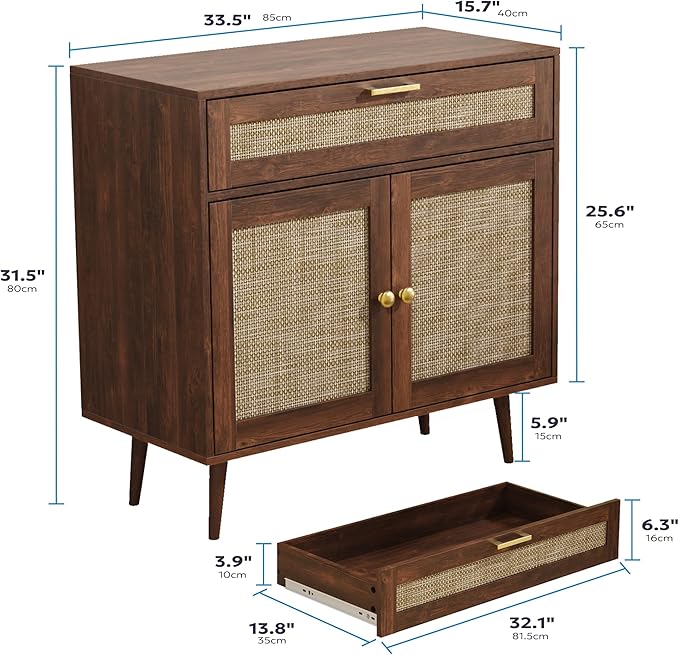 Rattan Sideboard Buffet, Boho Kitchen Cabinet with Drawer & 2 Doors, Modern Mid Century Accent Cabinet with Adjustable Shelf, Coffee Bar for Living Room, Entryway, Kitchen, Walnut