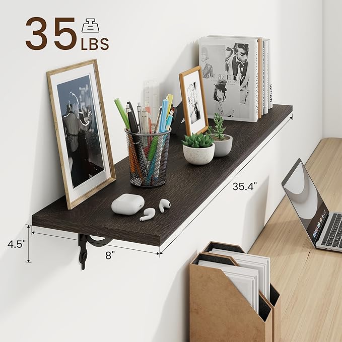 RICHFOCUS Floating Shelves for Wall Decor, 35.4W x 8D Shelves Set of 2, 8 Inch Deep Rustic Wood Shelves Wall Mounted with Brackets, Long Floating Shelves for Living Room Bedroom Kitchen, Black