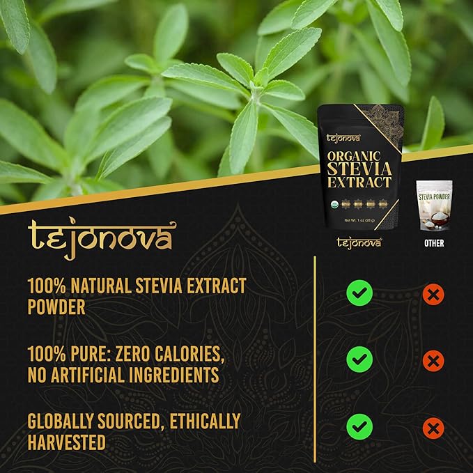 tejonova Organic Stevia Powder, 1oz, Stevia Sweetener, Stevia Organic from Stevia Leaf, Stevia Extract Powder, Zero Calorie Sweetener, Stevia Sugar Substitute, Pure Stevia No Additives, 200 Servings