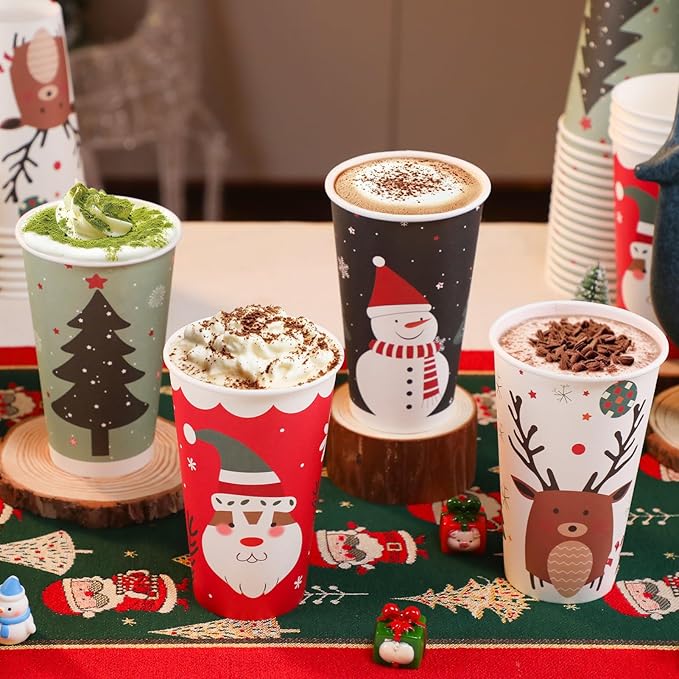 100 Pack 16 oz Christmas Coffee Cups with Lids, Disposable To Go Paper Coffee Cups for Hot/Cold Drinks Office Home Shop Event (Colorful)