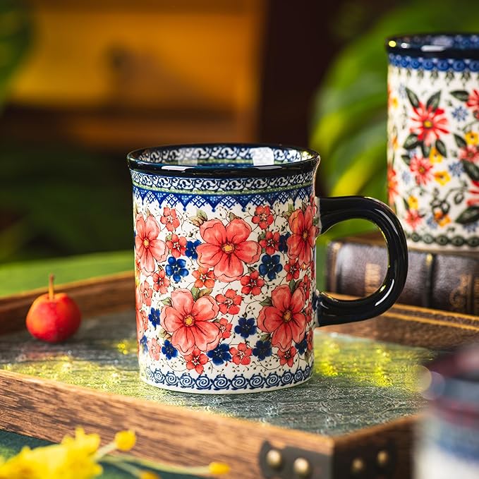 Ceramic Latte Mug Set of 4, 15.5oz Hand Painted Porcelain Coffee Cups With Handle for Tea/Milk/Cocoa - Modern Retro Design For Any Kitchen. Microwave and Dishwash Safe (Snow and Plum)